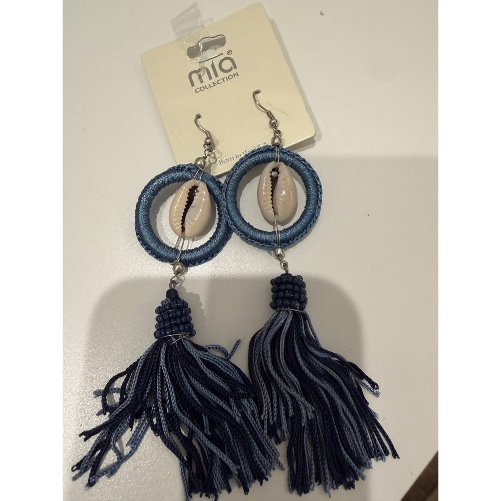 MIA Collection Blue Tassel Cowrie Shell Hoop Drop‎ Earrings Boho Coastal Beach